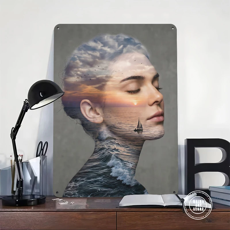 Double Exposure Portrait of Woman and Ocean Printed Poster Customized Wall Art Retro Vintage Metal Tin Signs for Desk Decor Room