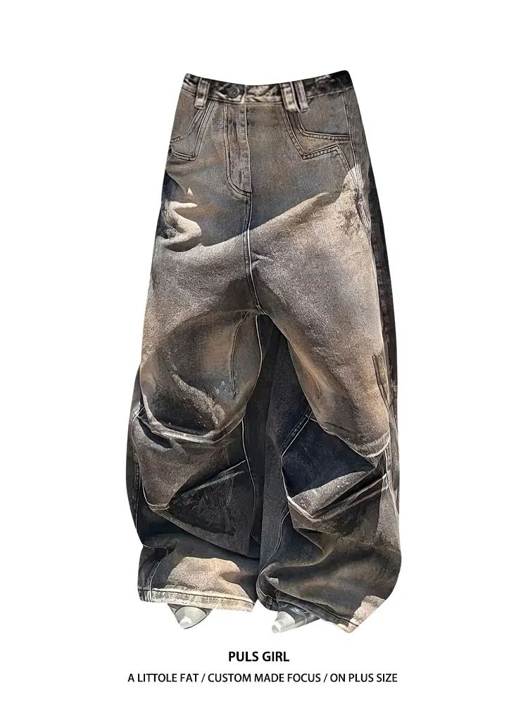 

plus Size American Street Style Faded Color Jeans Women's Loose Slimming Drapey Pleated Wide Leg Long Trousers Casual High Waist