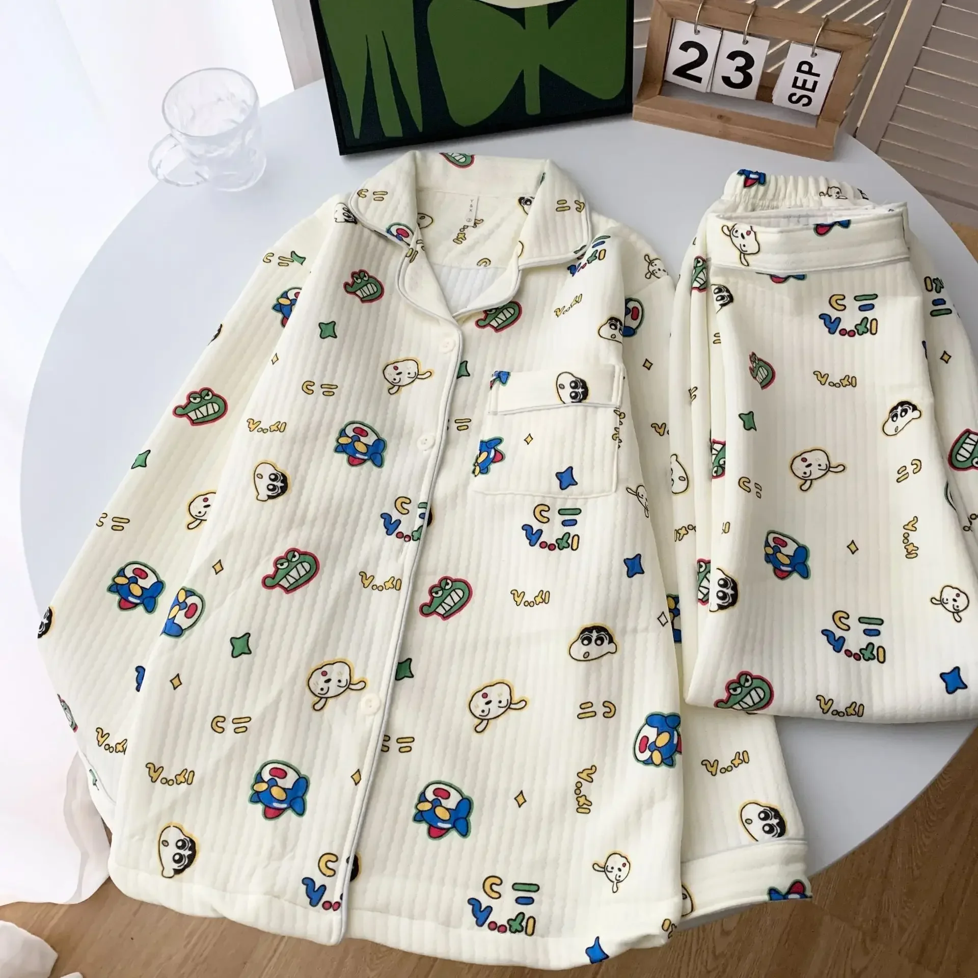 Crayon Shin-chan Anime Women Pajamas Winter Thickened Warm Homewear Suit Cotton Long-sleeved Cardigan Loose Can Go Out Pajamas