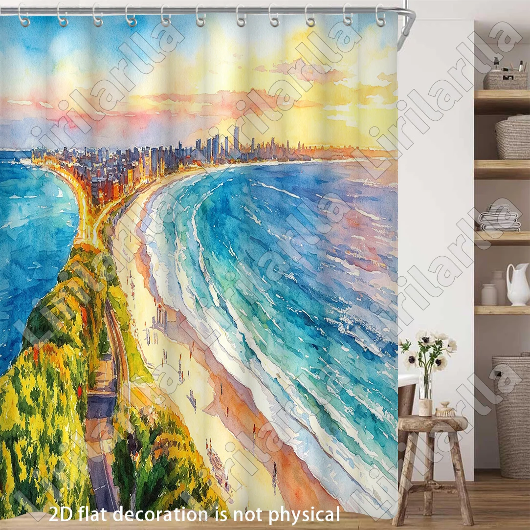 Vibrant Coastal Seascape Shower Curtain Tropical Ocean Beach View Waterproof Polyester Bathroom Decoration Curtain