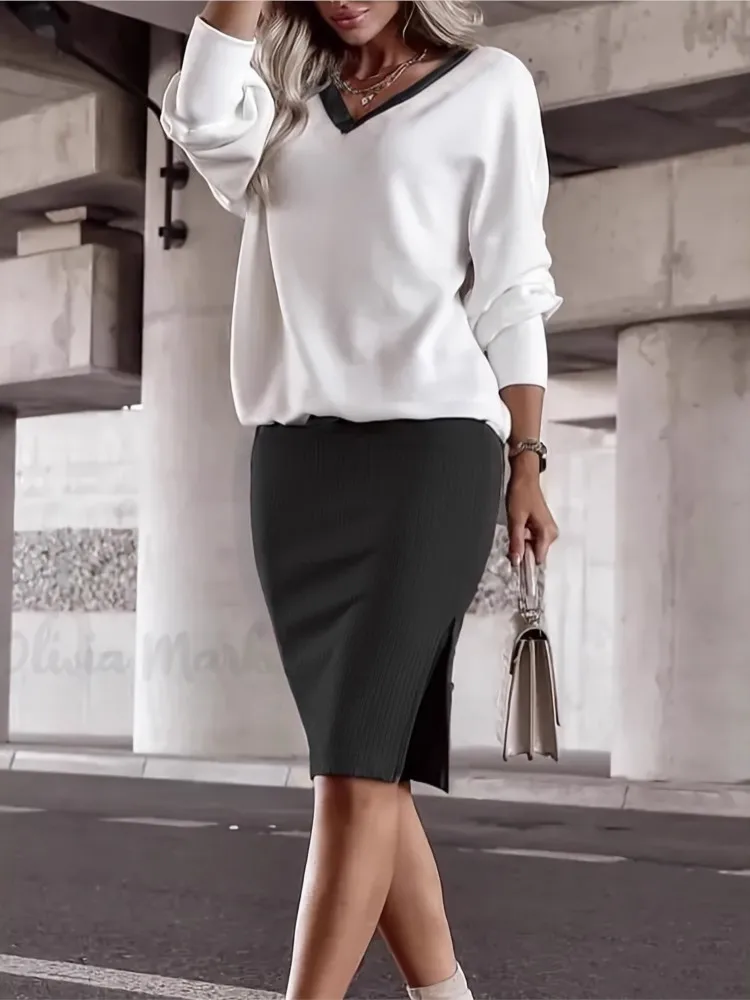 レディース気質通勤ルーズカジュアルドレスセット春秋ファッションVネック長袖トップタイトスカートツーピースセット