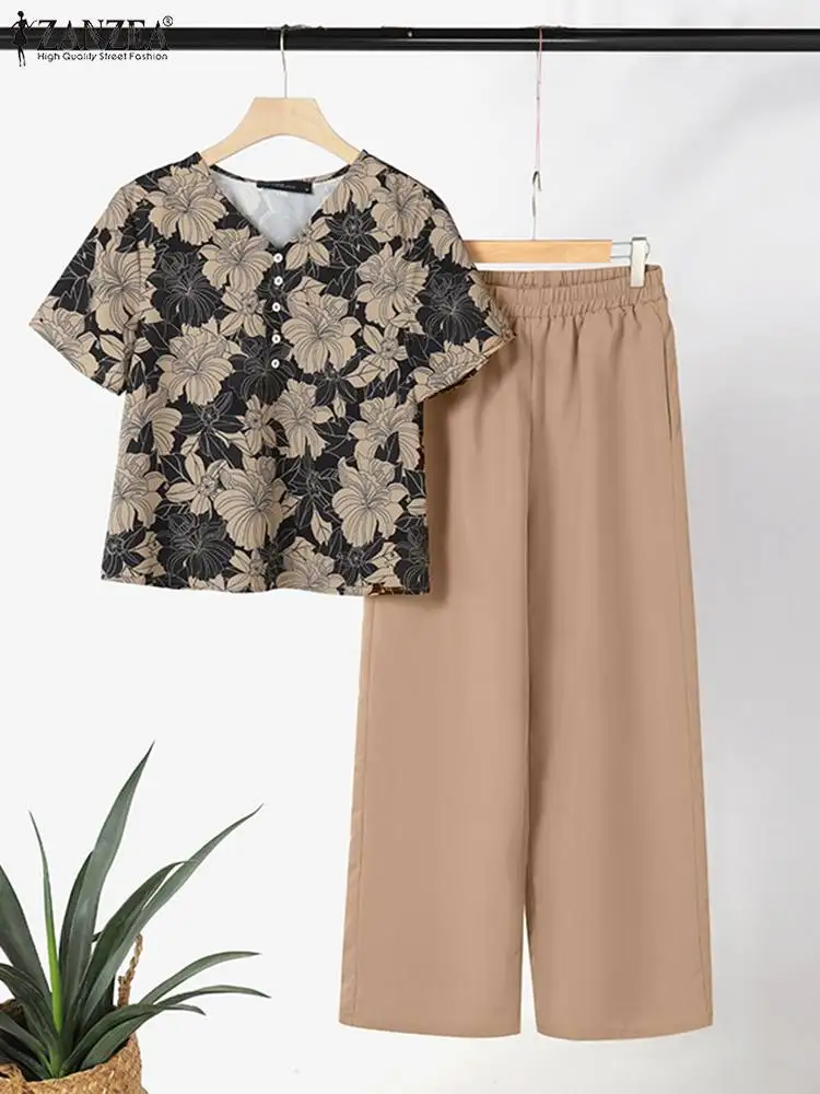 2024 ZANZEA Summer Women Pant Sets 2PCS Short Sleeve Floral Blouse Trousers Suits Elegant Work Tracksuits Casual  Matching Sets