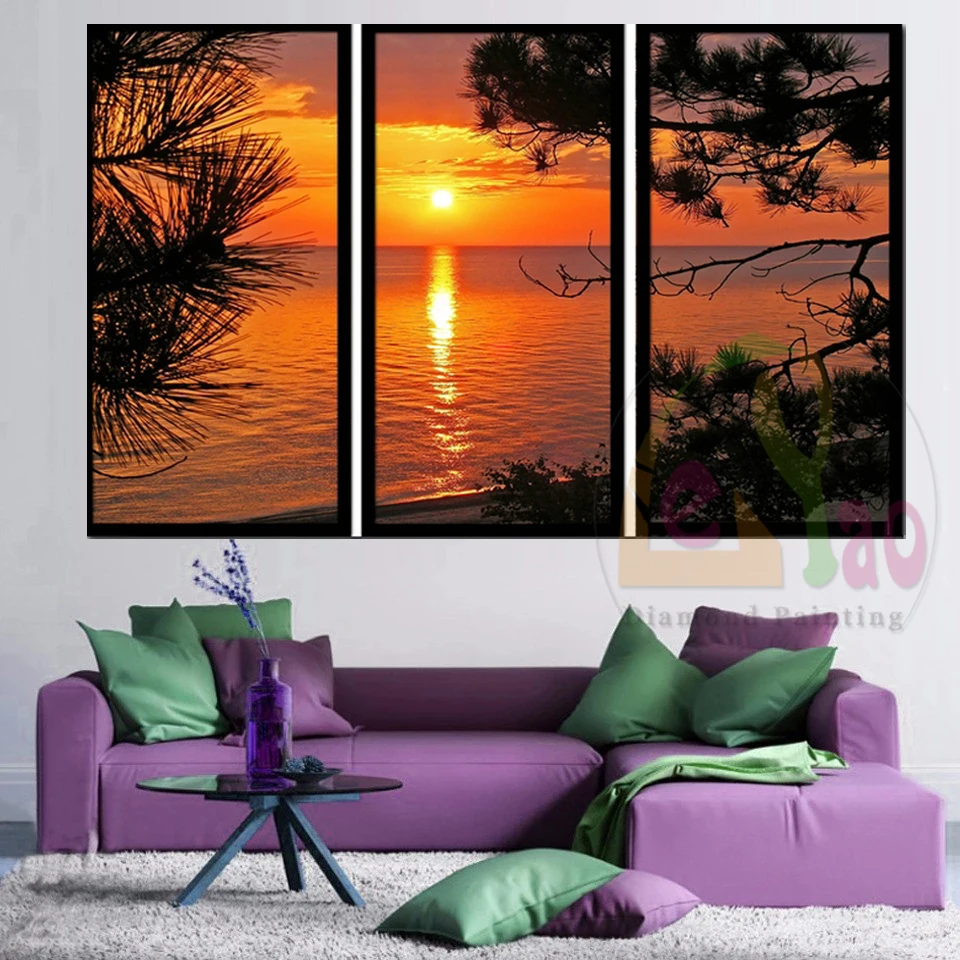 Triptych Sunset On The Lake Landscape Diamond Painting Cross Stitch Full Drill Diamond Embroidery Mosaic Handicraft Home Decor