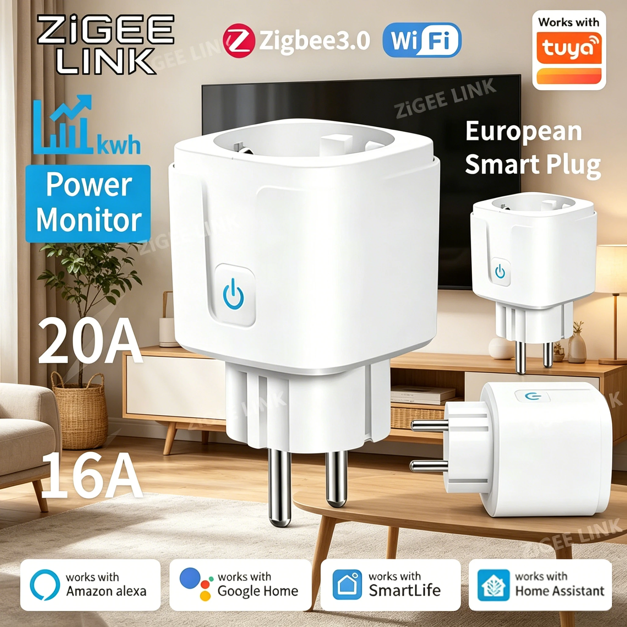 For Tuya Zigbee Smart Plug EU Switch Home Assistant Smart Wifi Outlets Socket with Power Monitor Timing Function Voice Control