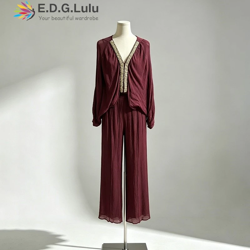 EDGLuLu Summer New Women's Diamond Studded V-Neck Lantern Sleeve Cardigan+High Waisted Wide Leg Pants Suit 0704