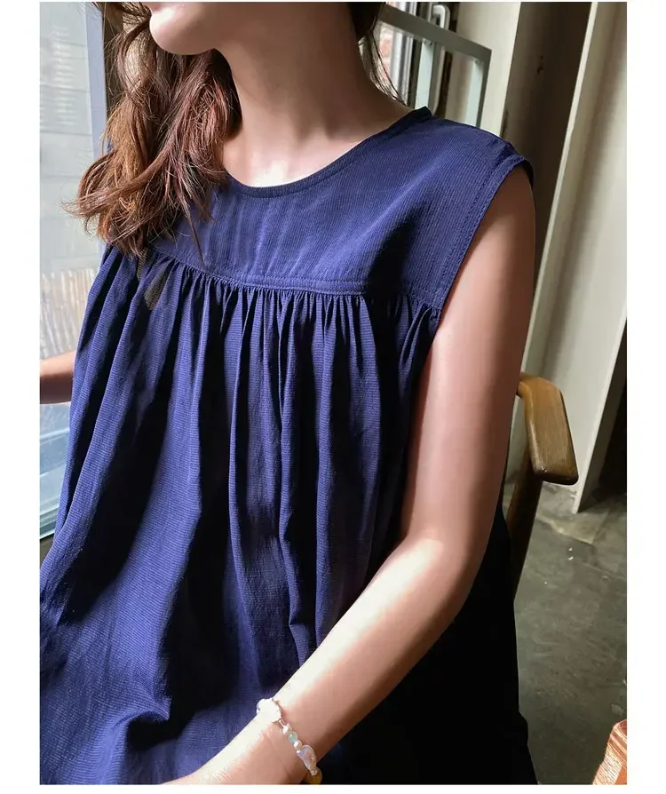 REALEFT Cotton and Linen Sleeveless Dress for Women Summer Mid Length Casual Loose Solid Round Neck Women Dresses Summer