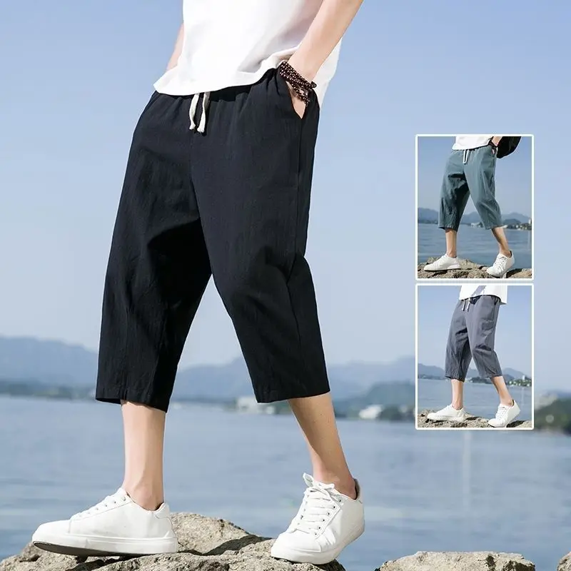 Men's Linen Shorts Seven-Five Pants Summer Thin Cotton Linen Casual Sports Straight Leg Pants City Walk Style No Stretch Elastic