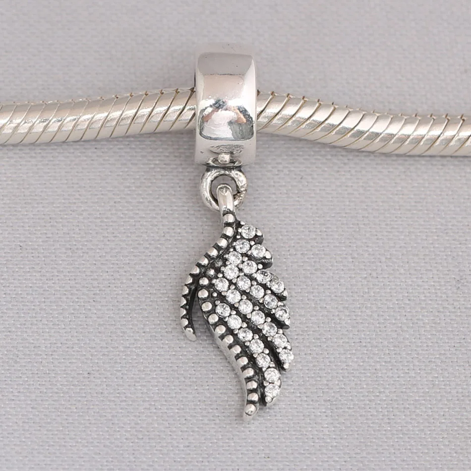 Silver Plated Pendant Bead DIY Jewelry Majestic Feather Dangle Charm for Women Bracelets Girl Gift Clear CZ