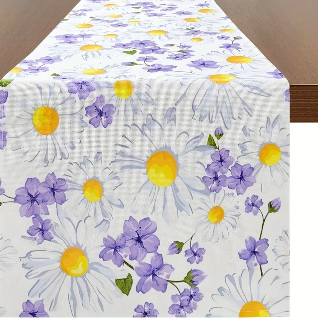 1 Piece of Purple Floral and White Chrysanthemum Pattern Table Runner, Suitable for Farmhouse, Indoor, Kitchen, Celebrations, Table Decoration, Restaurant, and Banquet Decoration Supplies