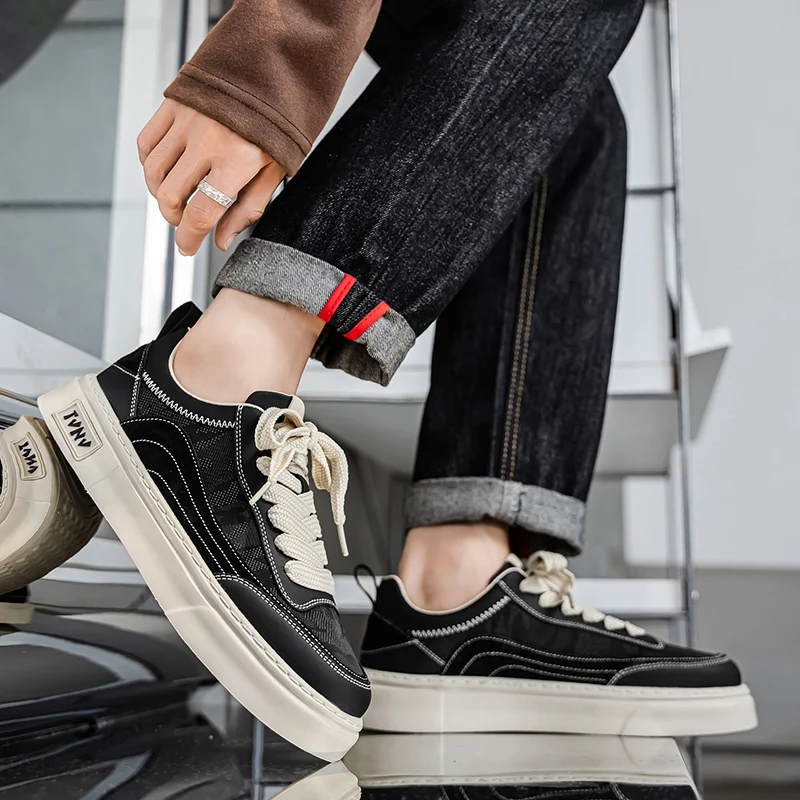 Мужская вулканизированная обувь с парусиновыми ремнями, новые четырехсезонные классические повседневные прогулочные туфли на плоской подошве с низким берцем и круглым носком