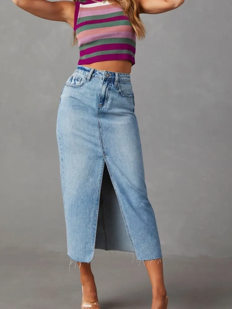 

Summer Sexy Hot Girl-style Skirt A-shaped Version Women's Personality Street Split Slimming Classic Versatile Casual Denim Skirt