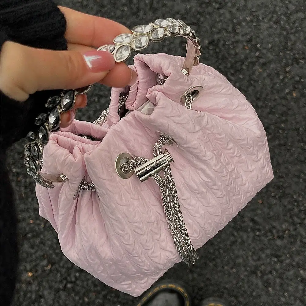 Fashion Diamond Handle Drawstring Bucket Bag Korean Style Solid Color Cylinder Bag Adjustable Oxford Pleated Handbag Travel