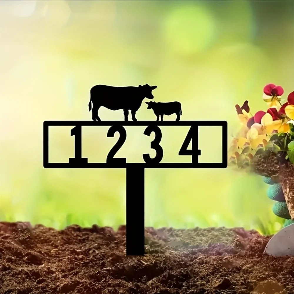 Iron Decoration,Exclusive Handmade Custom Cow & Calf Metal Address Sign in Rustic Style with Ground Insert for Outdoor Spaces as