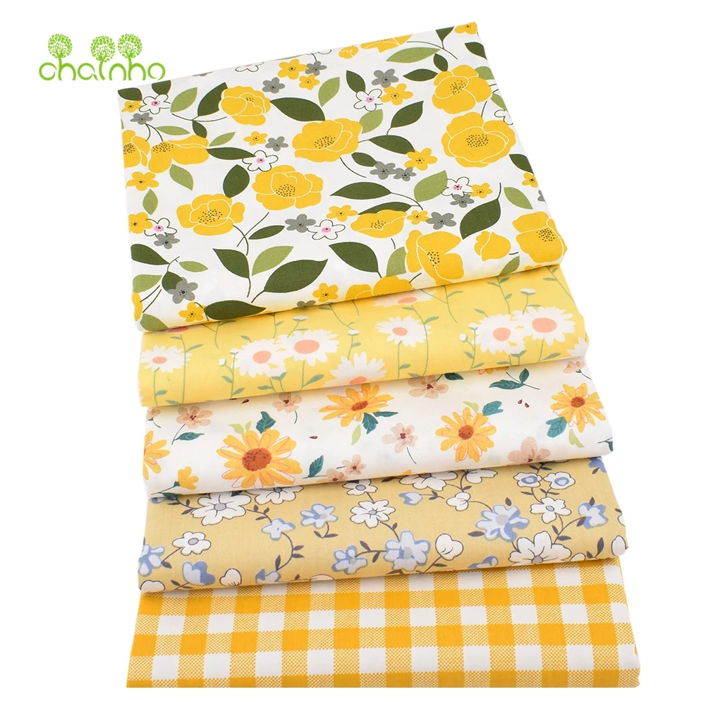 Chainho,Printed Twill Weave Cotton Fabric,Patchwork Cloth,DIY Sewing Quilting Material,New Yellow Floral,2 Specification,CC191