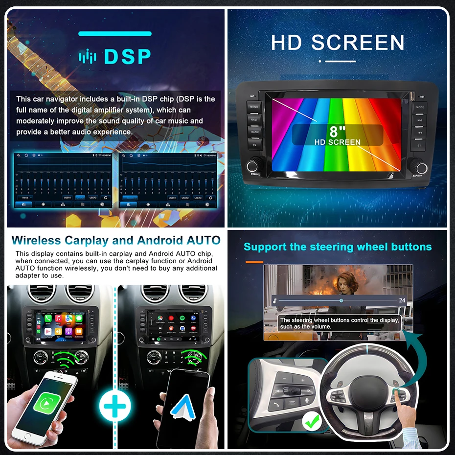 Radio para Auto con Pantalla de 8'' Android 15, CarPlay Inalámbrico, Estéreo para Mercedes-Benz Clase ML W164 ML300 ML350 ML450 ML500 ML320 2005-2012, Autoradio Bluetooth, Reproductor Multimedia, Navegación GPS 2DIN 5