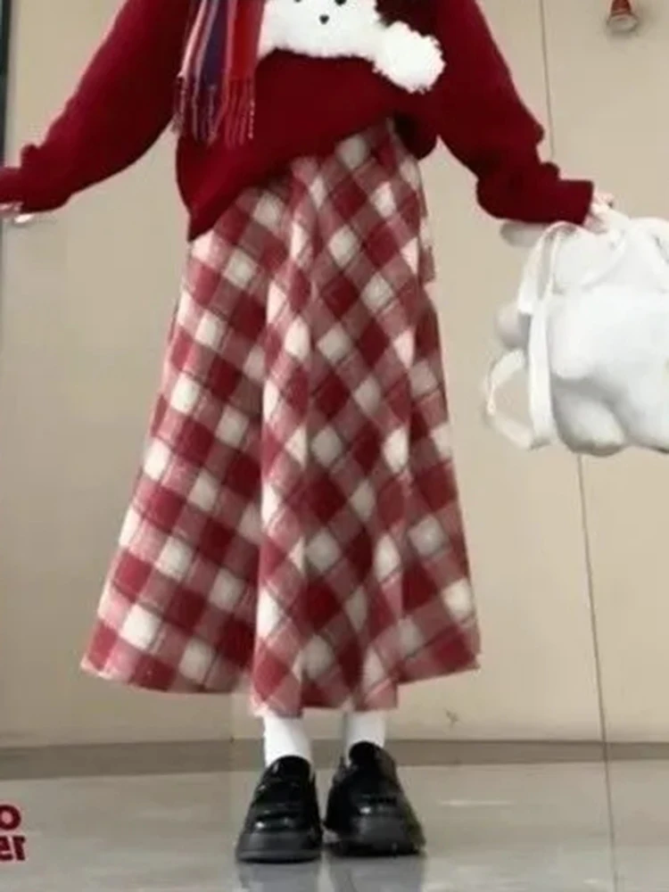 

Красная клетчатая юбка-миди, женская осенне-зимняя винтажная юбка с высокой талией, милые шерстяные тканевые юбки в стиле ретро, свободная элегантная эстетичная женская юбка