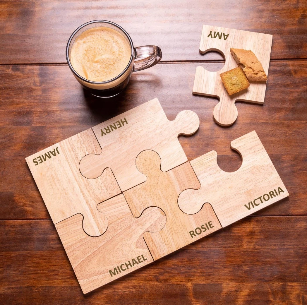 Coffee Tea Name - Custom 6pcs Engraved Wooden Puzzle Coasters