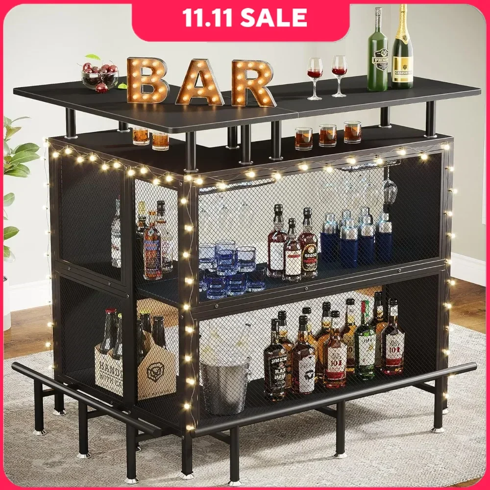 Bar Unit, L-Shaped Bar Table with Stemware Racks and 2-Tier Shelves, Corner Mini Coffee Liquor Cabinet with Footrest