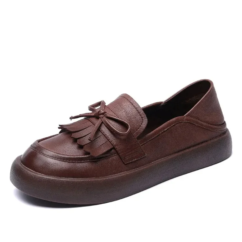 Mocasines Retro de cuero genuino hechos a mano para mujer, zapatos planos sin cordones, mocasines casuales de estilo universitario con borlas poco profundas, Primavera