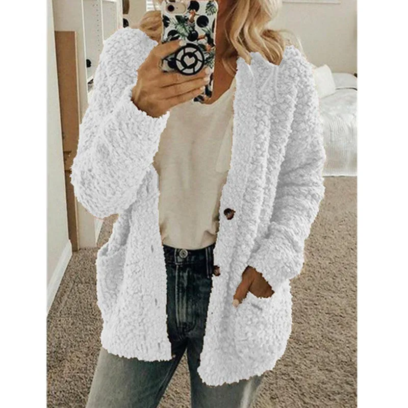 2023 Autumn/Winter Women's Fashion Casual Sweater Coat Pocket Solid Plush Top