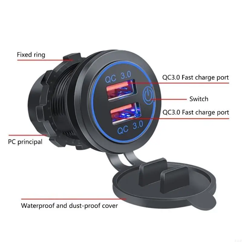 F1CF USB Car Chargers with Switch Double  Port USB Charges Fast Charging Adapter Motorcycle USB Charges for Vehicles Boats