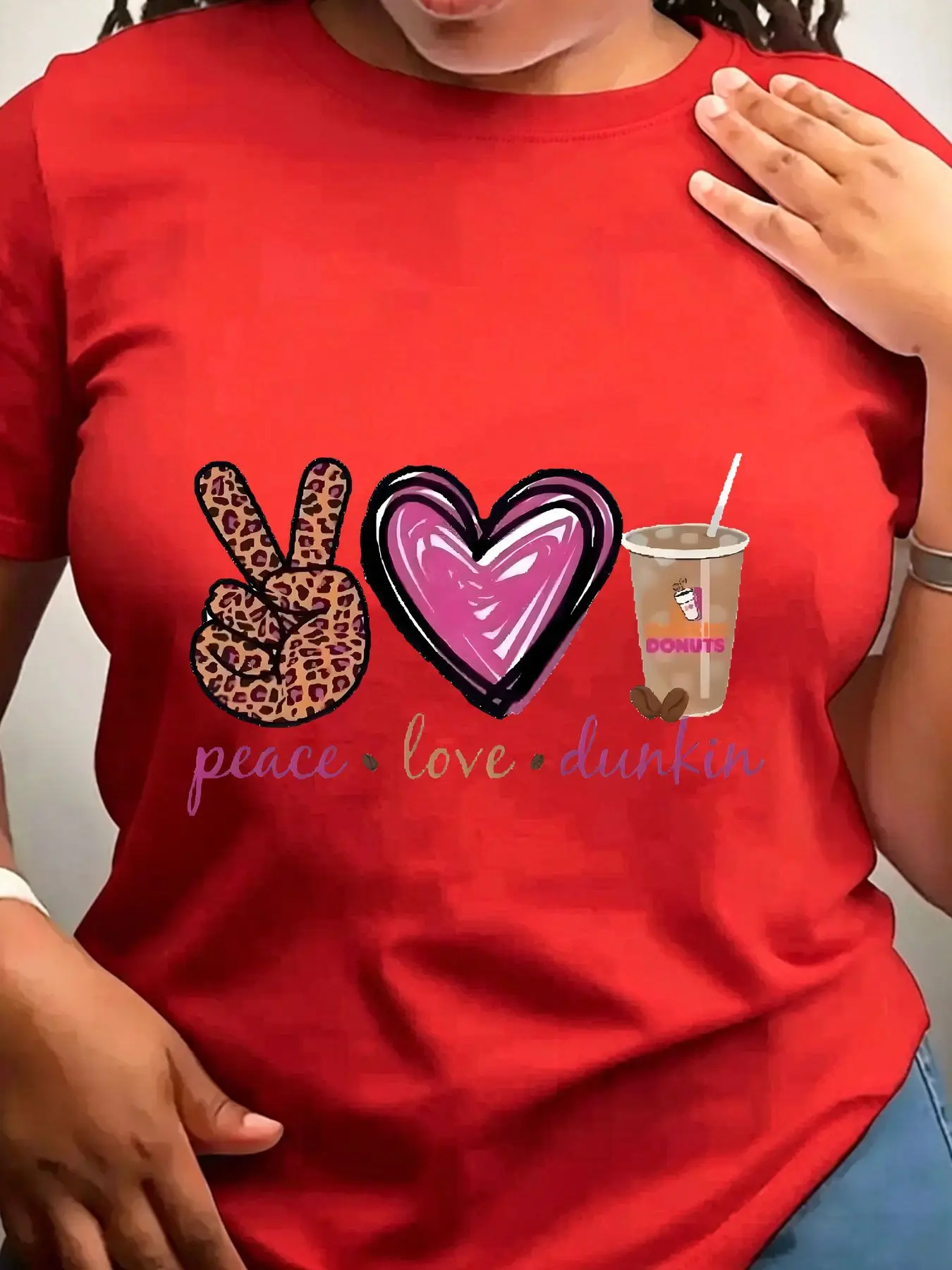 Women's Trendy Crew Neck T-Shirt Peace Love Dunkin Donuts Graphic Suitable for Casual Sportswear view 5