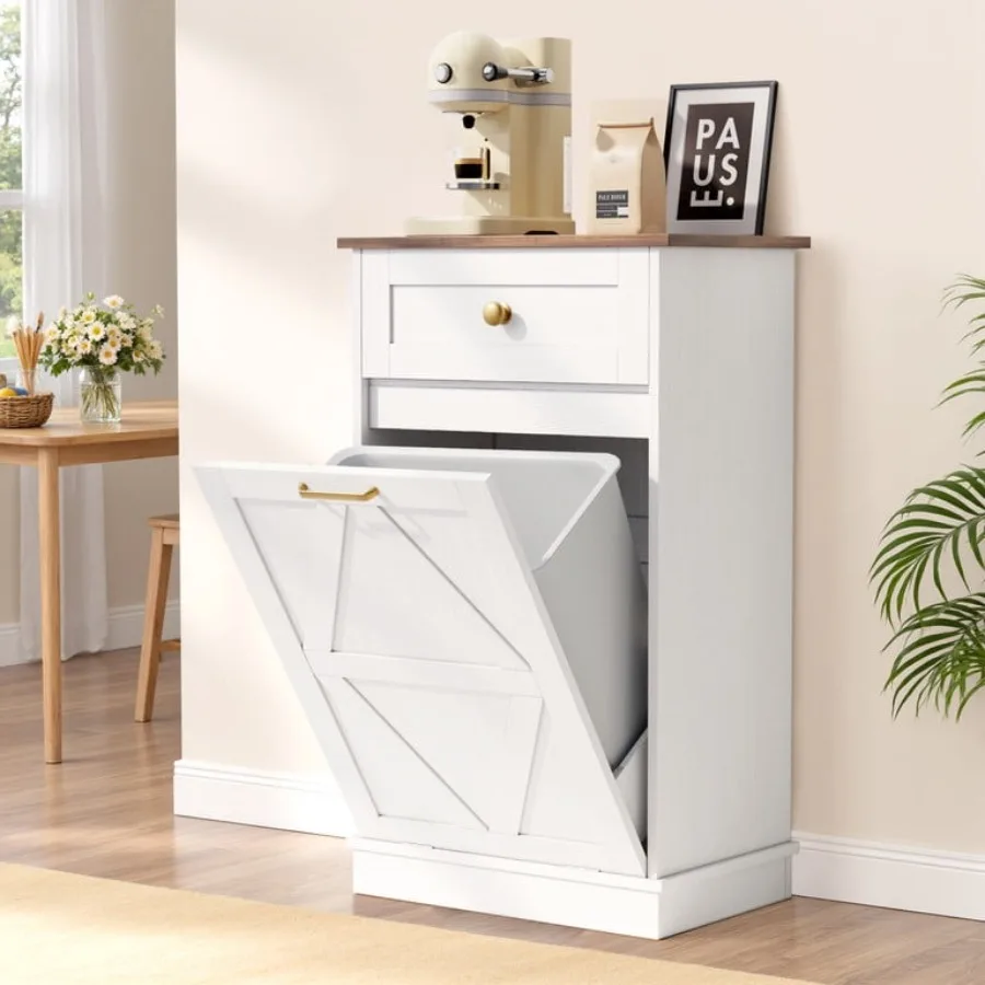 

10 Gallon Tilt-Out Trash Cabinet with Drawer for Kitchen Storage, White Recycling Garbage Cabinet with Smooth Glide Mechanism a