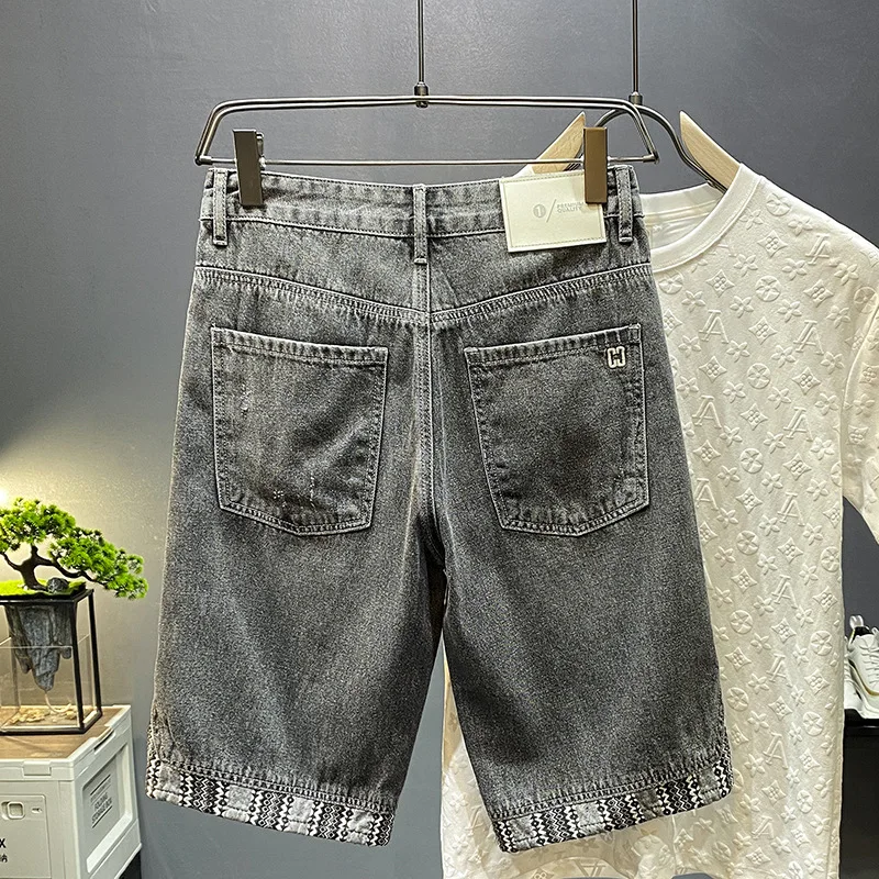 Men's High-End Stitching Jeans2024Summer Thin Loose Shorts Fashion Brand Casual All-Match Pu Shuai Fifth Pants