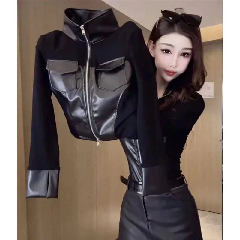 

Fashion Splicing Leather Stand Up Collar Double Zipper Shirt For Women 2026 New Spring Autumn Shirts Top Thin Leather Jacket