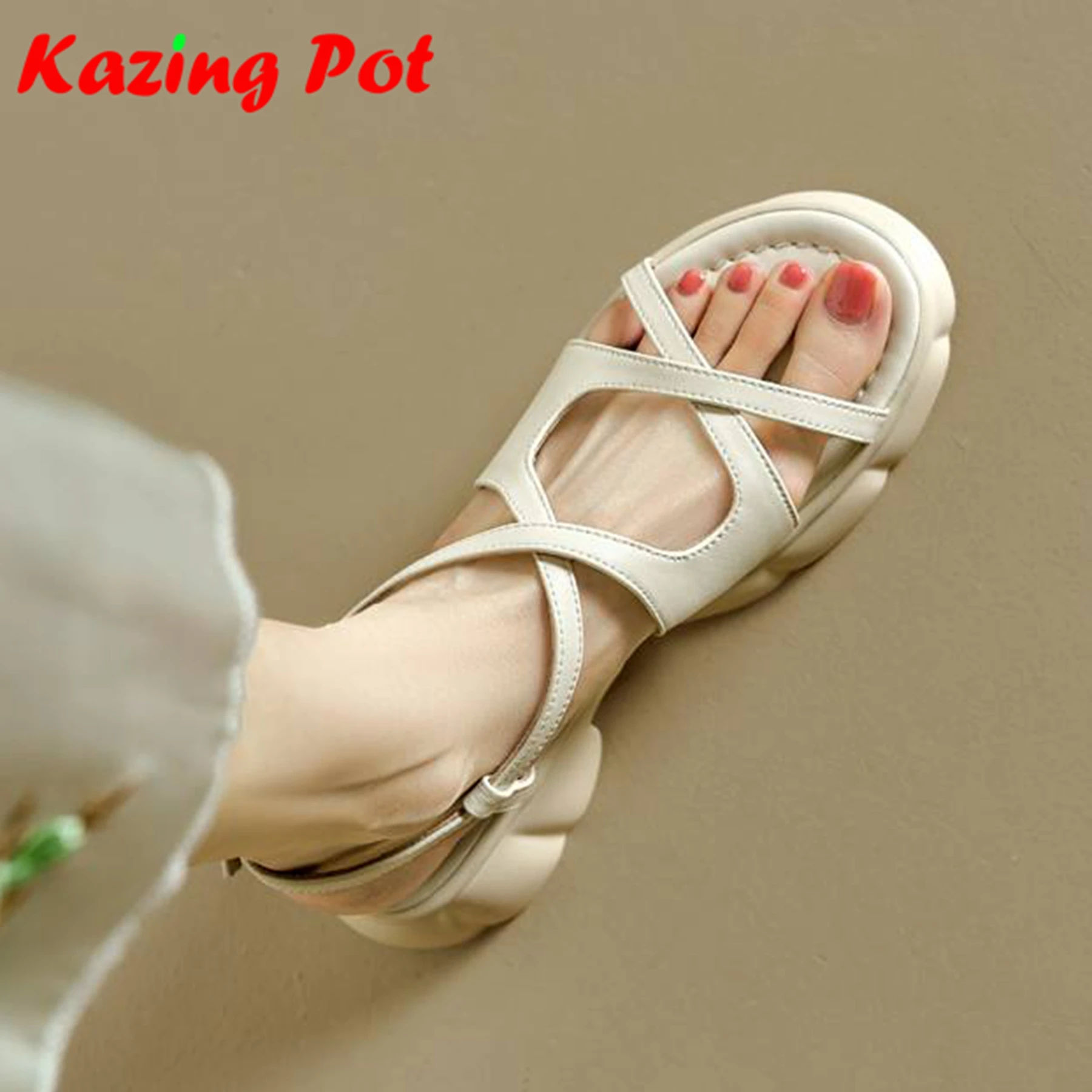 

Krazing Pot Sheep Leather Buckle Straps Peep Toe Thick Bottom Med Heels Casual Summer Shoes Platform Street Wear Women Sandals