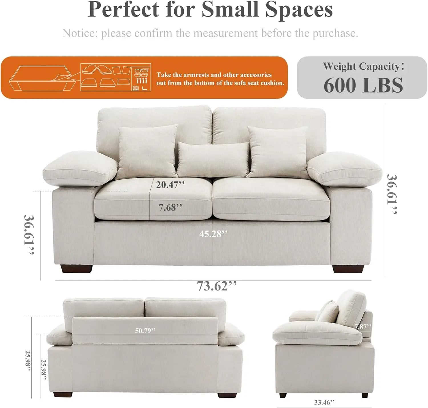 Loveseat-sofá tapizado de chenilla para sala de estar, cojines de asiento trasero extraíbles, 73"