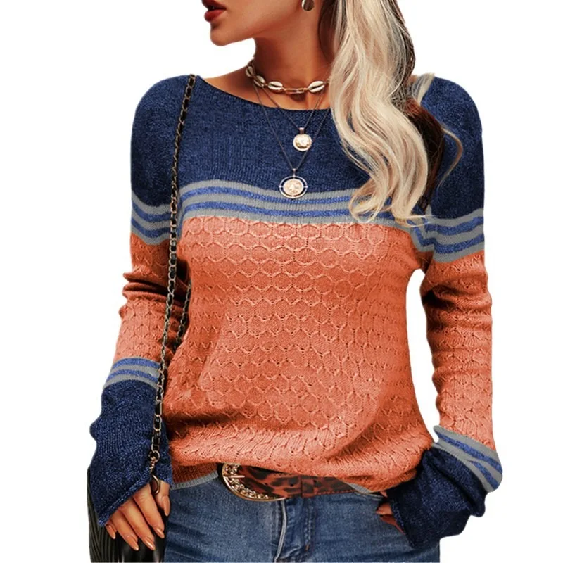 Women's Color Block Striped Knit Sweater Boat Neck Hollow Out Long Sleeve Casual Autumn Winter Pullover