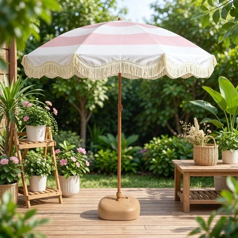 Portable Patio Umbrella Beach Parasol Boho Striped Fringe Modern Look Manual Tilt UV Resistant Canopy Sand Use Outdoor Shade