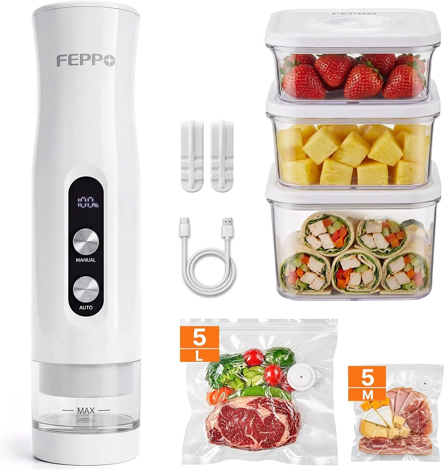

Compact Handheld Vacuum Sealer with Containers & Bags, 65KPA Suction, Auto & Manual Modes, Travel Lock, Type-C Charging