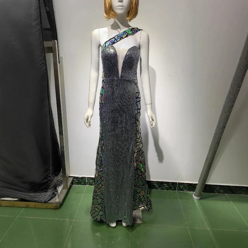 فستان سهرة مزين بالترتر اللامع فضي بكتف واحد مزين بالترتر بحاشية غير متماثلة بدون أكمام بدون ظهر فساتين ضيقة فساتين كوكتيل #2