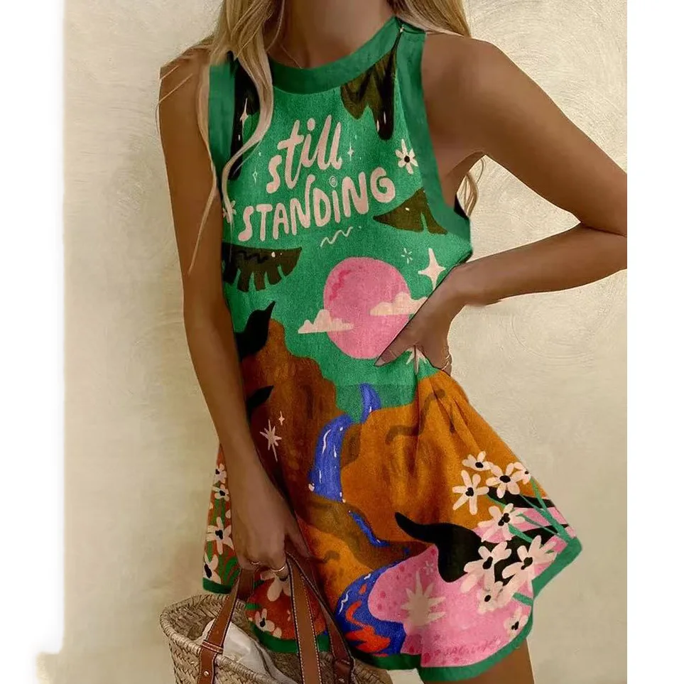 Women's Cute Puzzle Print Summer Dress Sleeveless Casual Tank Top O-Neck Beach Dresses female High Quality Clothing image 6