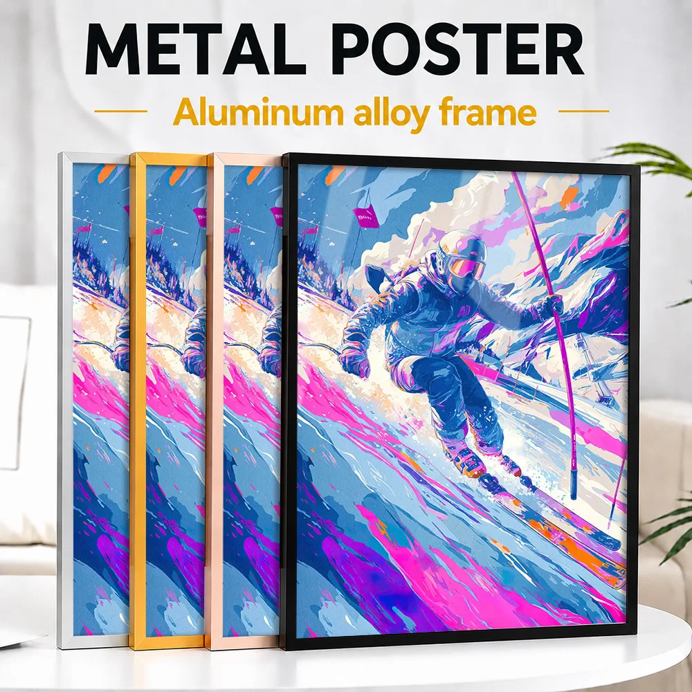Skier On Mountain Slope Metal Poster With Aluminum Alloy Frame Customized Abstract Wall Art For Chalet And Ski Resort Reception