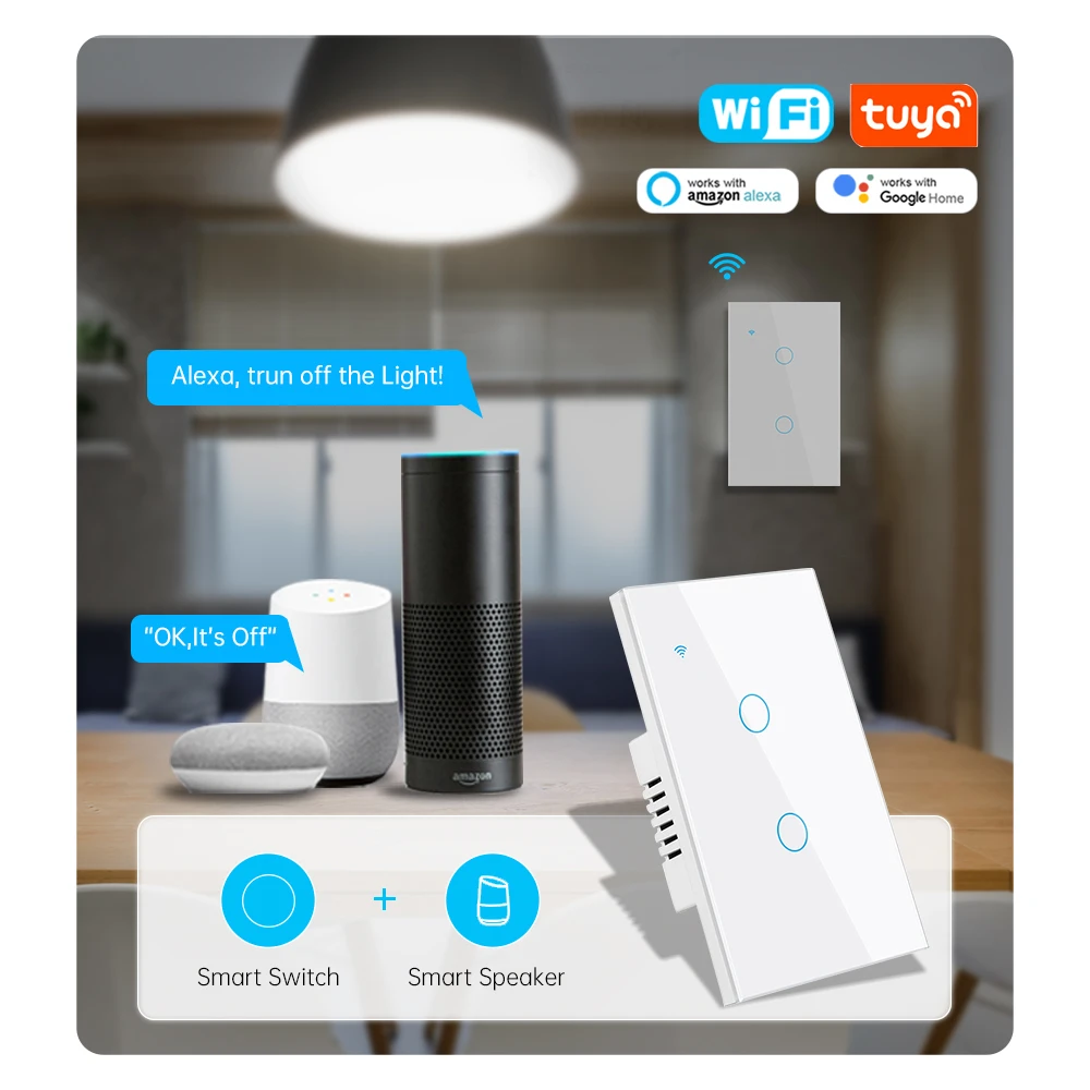 Tuya WiFi US Smart Switch Stair Switches Touch Sensor LED1/2/3Gang Lights Interruptor 2way Control Google Smart Home Glass Panel