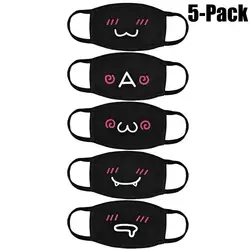 5Pcs/Set Black Unisex Cartoon Funny Expression Cotton Mask Dustproof Windproof Cartoon Face Mouth Mask Anime Mask For Women Men