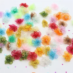 3CM Pearl Gauze Flower with Five Petals Diy Solid Beads Snow Gauze Flower Clothing Accessories Headwear Accessories 25pcs 50pcs