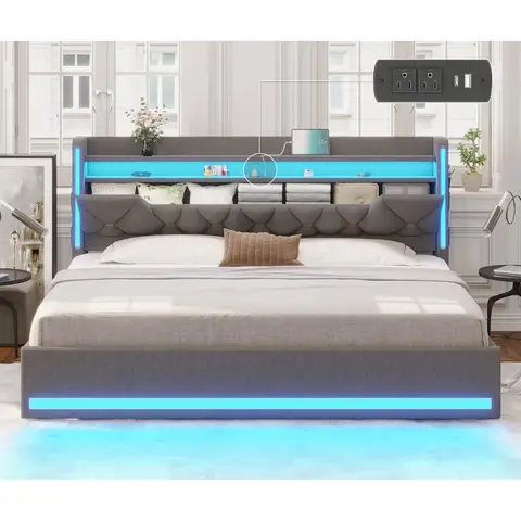 King Size Bed Frame with Headboard and Storage, King Bed Frame with LED Lights & Charging Station, Upholstered Platf