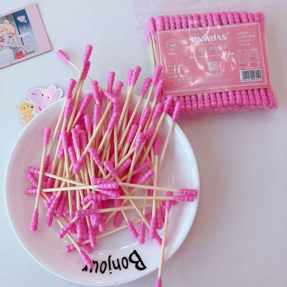 100pcs pink girly heart cute cotton swab double-ended bamboo cotton swab disposable makeup remover makeup cotton swab