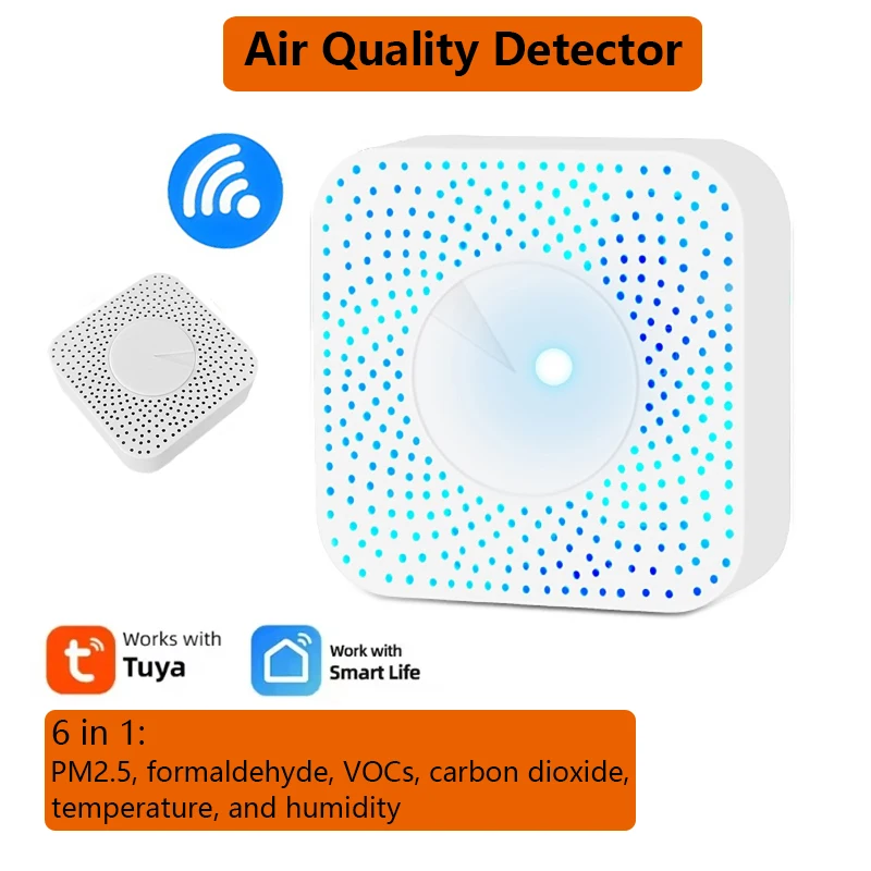 6 IN 1 Smart Wi-Fi Air Quality Detector PM2.5/ Formaldehyde/ VOC/ CO2/ Temperature/ Humidity Detector Smart  Air Sensor