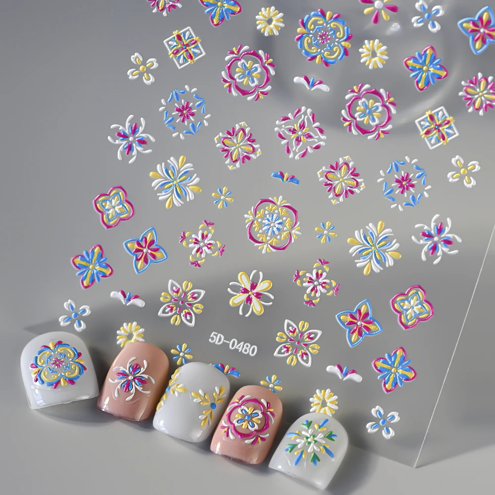 1pcs 5D Relief Boheemse Nail Art Stickers, Chique Bloemen Elegant Borduren Totem Boho Design Nagelbenodigdheden Decoratie Accessoires