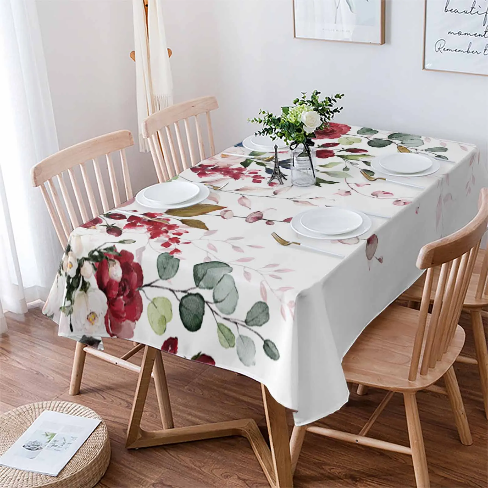 Valentine'S Day Blue Rose Pink Rose Plant Table Cloth Waterproof Dining Tablecloth Kitchen Decorative Party Table Cover