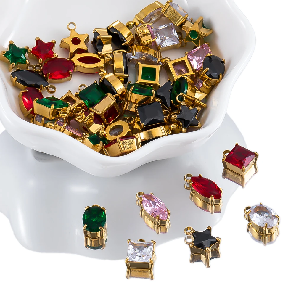 

2/5pcs Vintage-style Stainless Steel Geometry Shaped Pendant Inlaid With Glass For DIY Necklace Jewelry Making Accessory Supplie