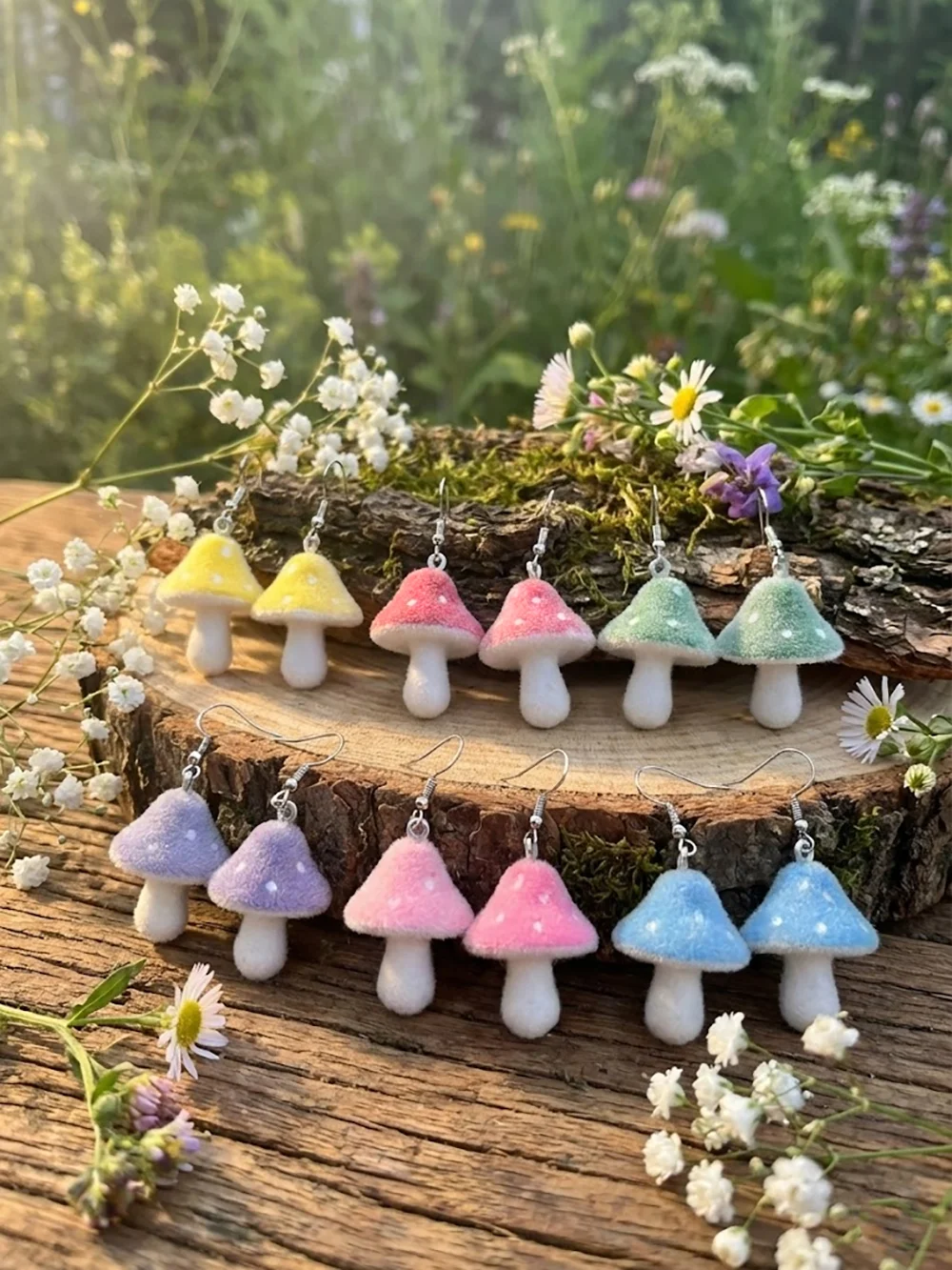 6 Paar/Set, modisches Damen-Ohrring-Set mit Anhänger, bunte gepunktete künstliche Pilz-Pflanzenohrringe aus Kunstharz, niedliche elegante Ohrringe im pastoralen Cartoon-Stil, geeignet für den