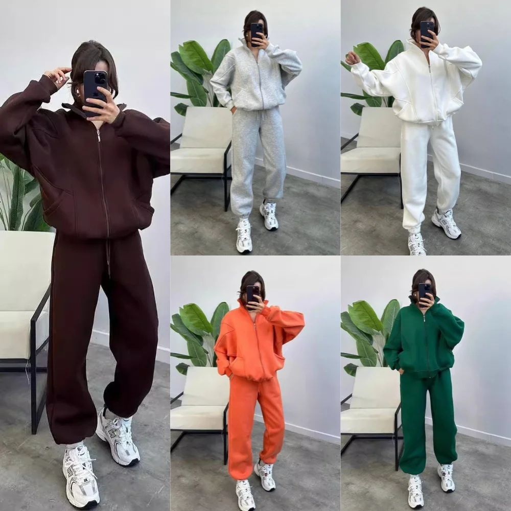 بدلة صوف نسائية فضفاضة بأكمام طويلة وبنطلون عالي الخصر مكون من قطعتين بدلة رياضية نسائية موضة شتاء 2024