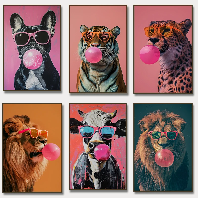 Póster de tortuga de moda, Bulldog Francés, tigre, León, vaca, rosa, chicle, lienzo impreso, pintura para sala de estar, decoración del hogar, Cuadros