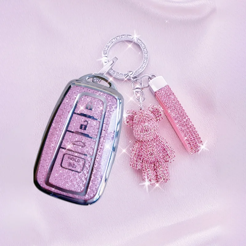 

Crystal Pink TPU for Toyota Camry RAV4 Highlander Avalon C-HR Prius Corolla GT86 Car Key Case 4 Button Remote Key Cover Fob Bag
